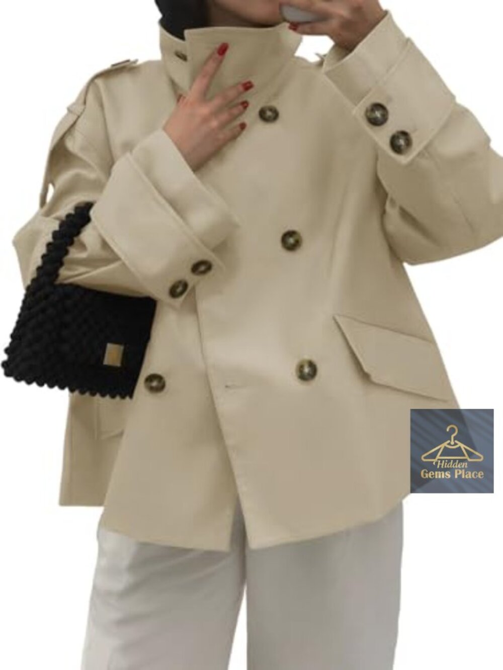 Womens Cropped Trench Coat Oversized Double Breasted Windproof Jacket